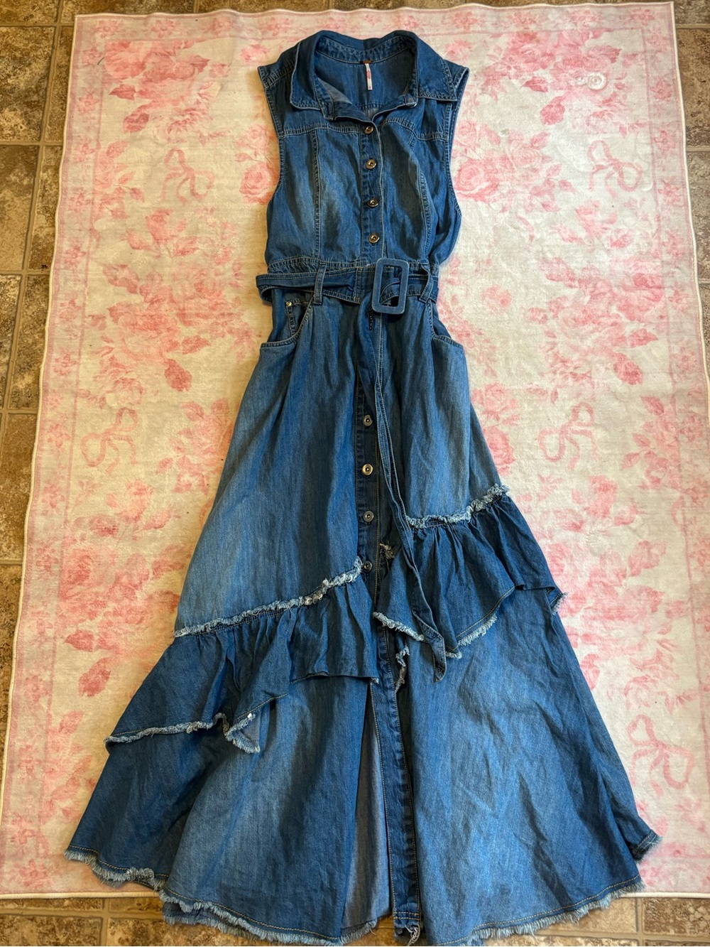 Free People Beau Belted Asymmetric Hem Sleeveless Denim dress with ruffled layer